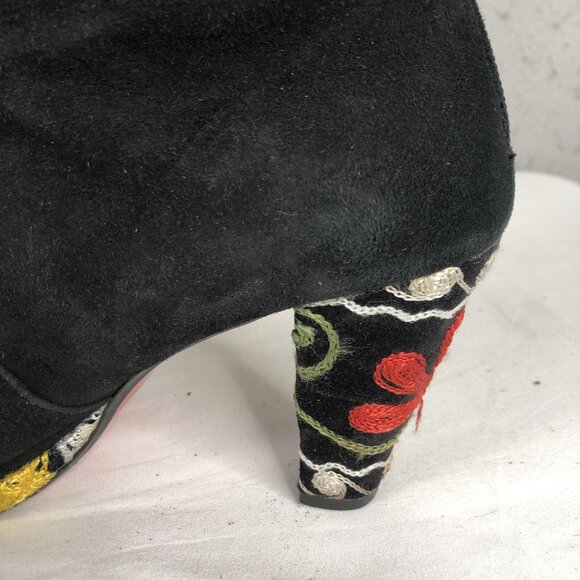 Artemis Suede Boots Womens 8.5 Black Leather Embroidery Heels Boho Retro 70s - Picture 16 of 16